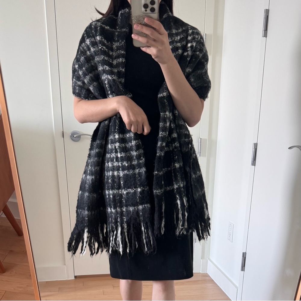 Oversized Black and White Plaid Fringe Scarf/Shawl